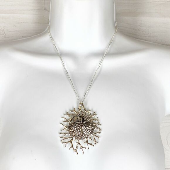 Sand Dollar Coral Jewelry Sea Life Earrings Necklace SET Silver Ocean Beach NEW - Picture 2 of 6